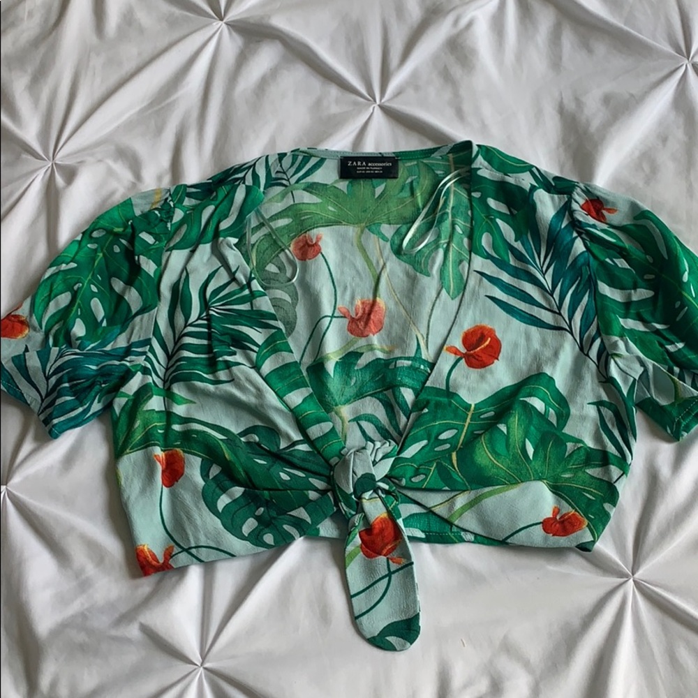 Palm leaf and red flower printed crop top